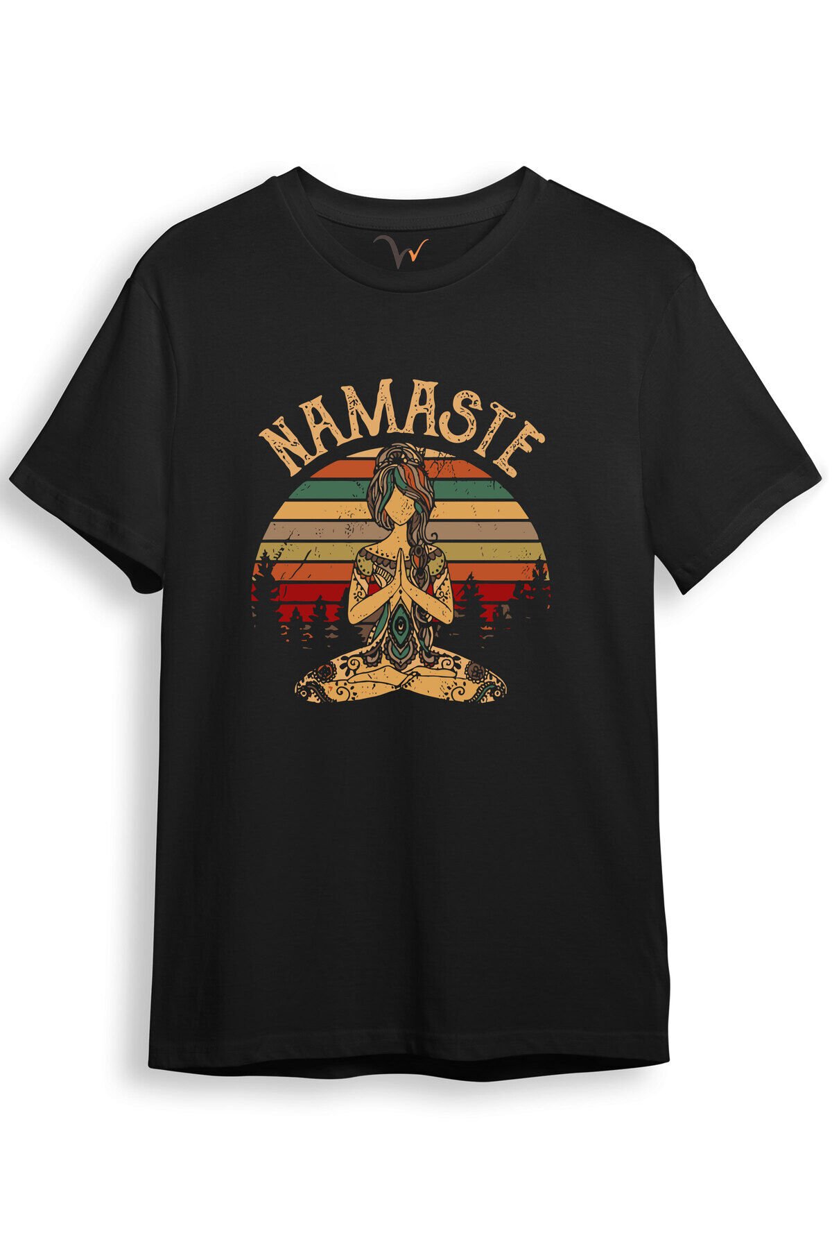 Unisex Yoga Nameste Baskılı Şık Tasarımlı %100 Pamuk Bisiklet Yaka Siyah T-shirt Siyah - L