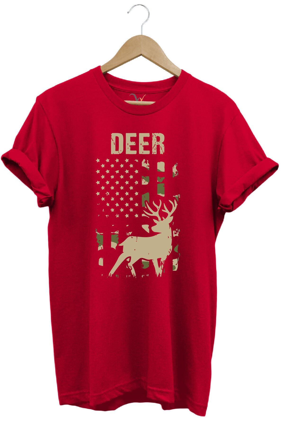 Avcılık Hunter Geyik Avcılığı Deer Hunt Baskılı Kamuflaj Desenli Regular Fit Haki T-shirt Kırmızı - M