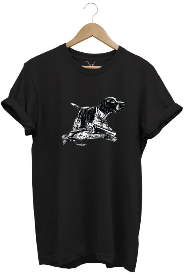 Outdoor Avcılık Kurzhaar Köpeği Baskılı %100 Pamuk Regular Fit Bisiklet Yaka T-shirt Siyah - 3XL