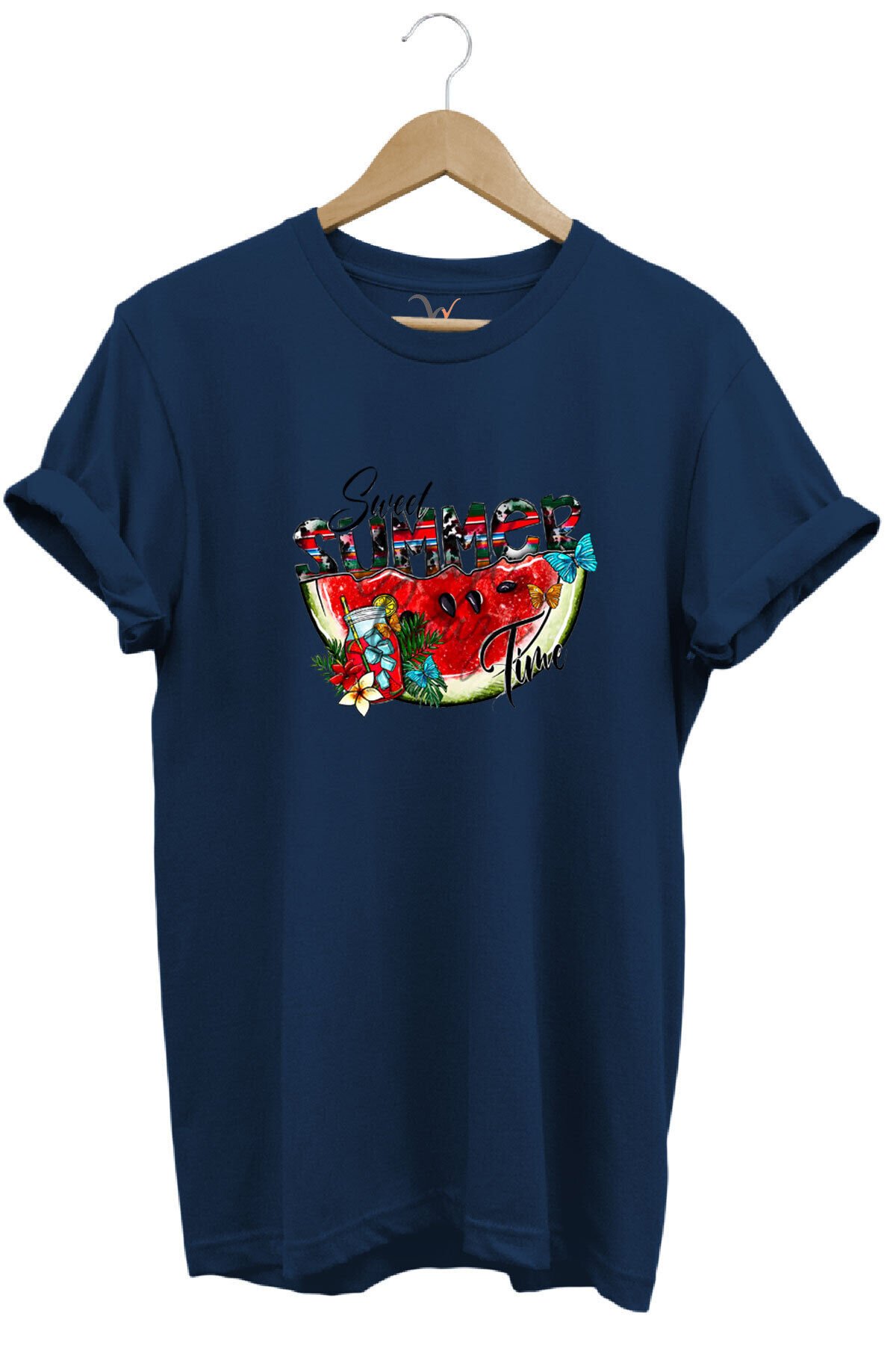 Summer Yazlık Karpuz Tasarım Baskılı %100 Pamuk Regular Fit Kahverengi T-shirt Lacivert - M