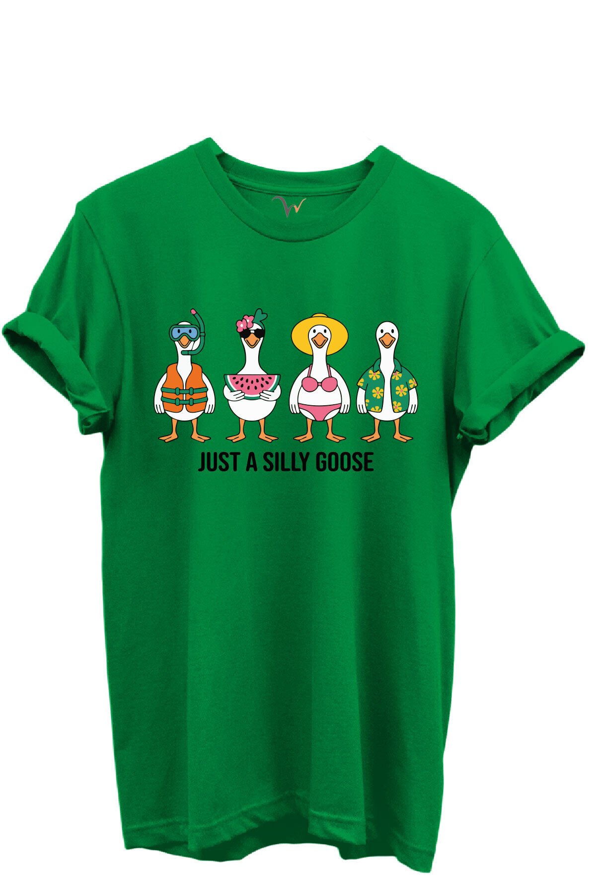 Just a Silly Goose Yazılı Eğlenceli Kaz Karakterleri Baskılı %100 Pamuk Regular Fit Unisex T-Shirt Yeşil - XL
