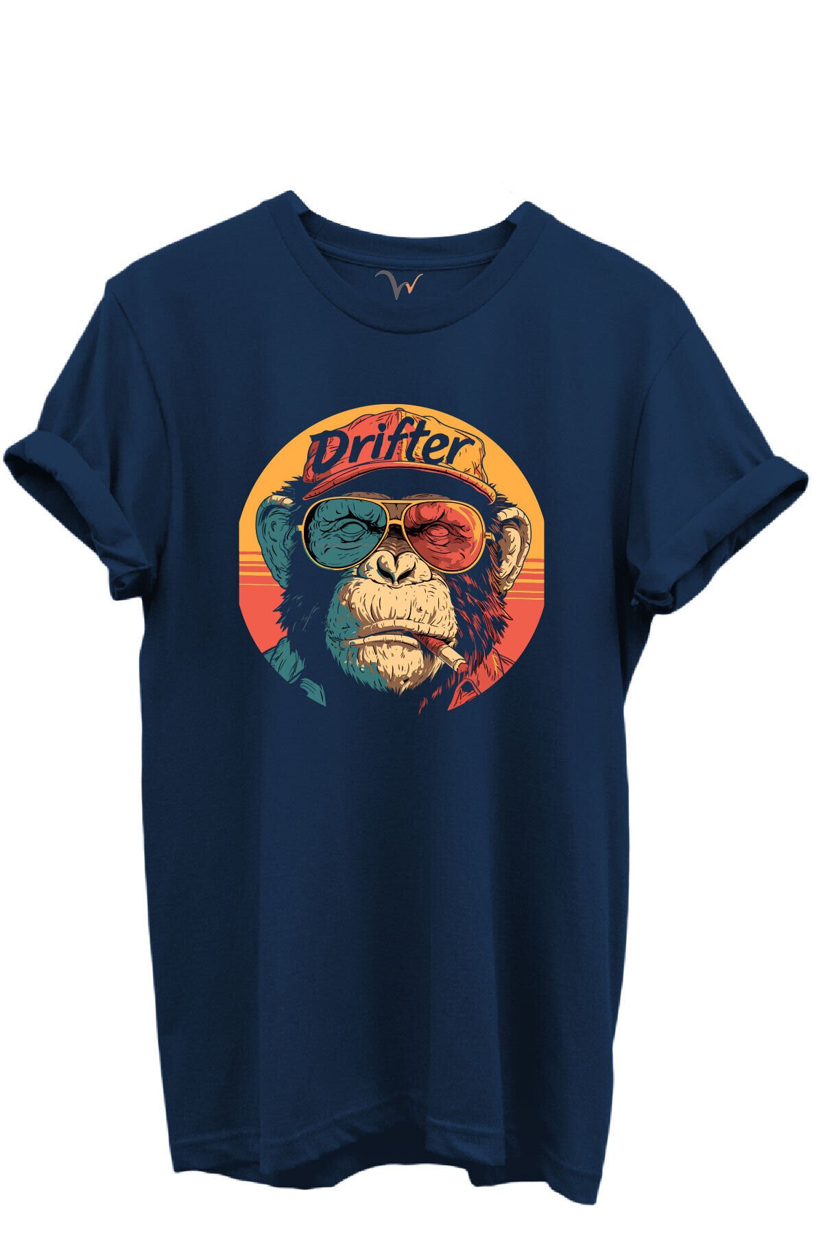Drifter Yazılı Renkli Gözlüklü Maymun Baskılı %100 Pamuk Siyah Regular Fit Unisex T-Shirt Lacivert - 4XL
