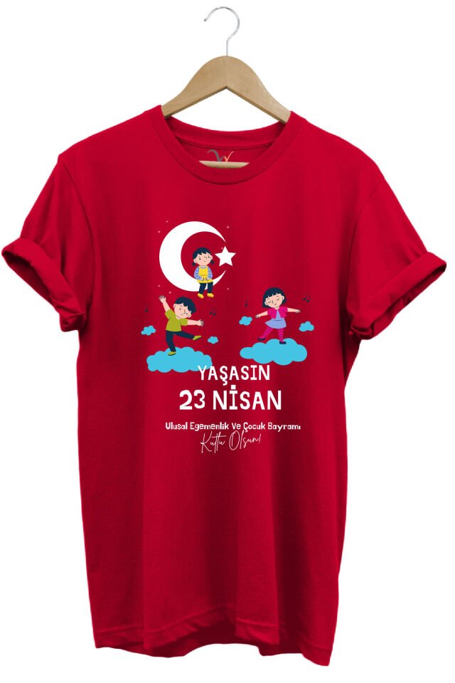 23 Nisan Çocuk Bayramı Baskılı %100 Pamuk Regular Fit Bisiklet Yaka Premium Kırmızı T-shirt Kırmızı - XL
