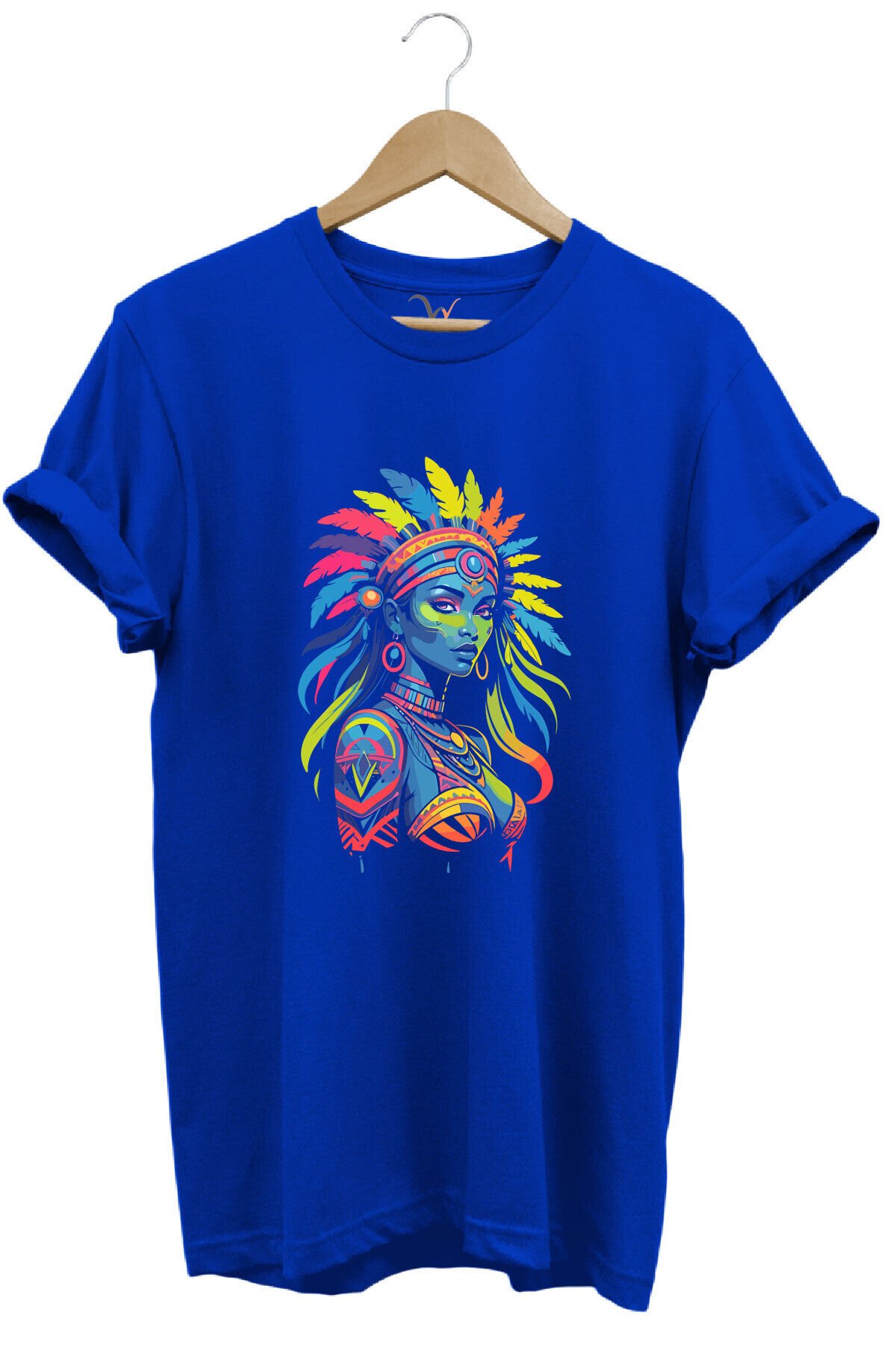 Renkli Kızılderili Baskılı %100 Pamuk Regular Fit Bisiklet Yaka Turuncu T-shirt Mavi - L