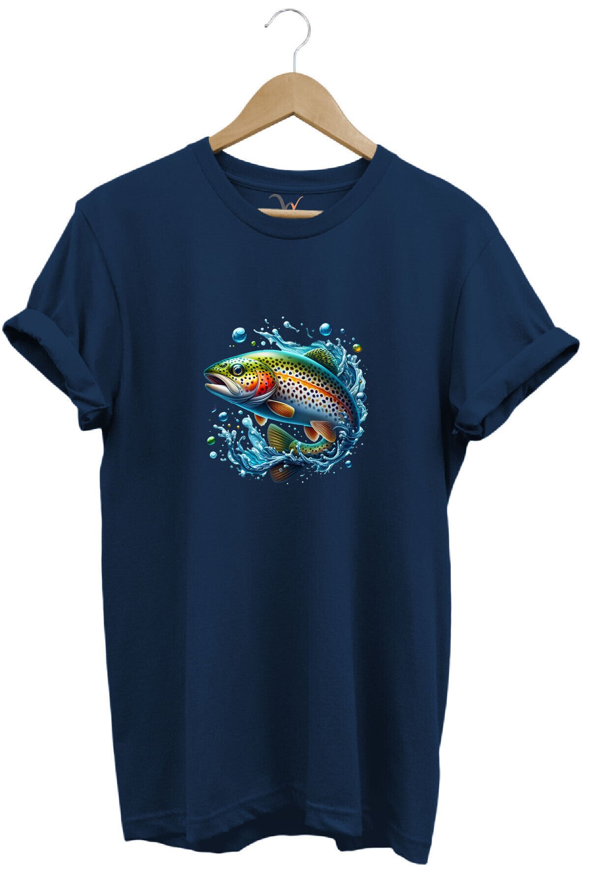 Fishing Avcılık Alabalık Balıkçılığı Baskılı %100 Pamuk Regular Fit Bisiklet Yaka Mavi T-shirt Lacivert - M