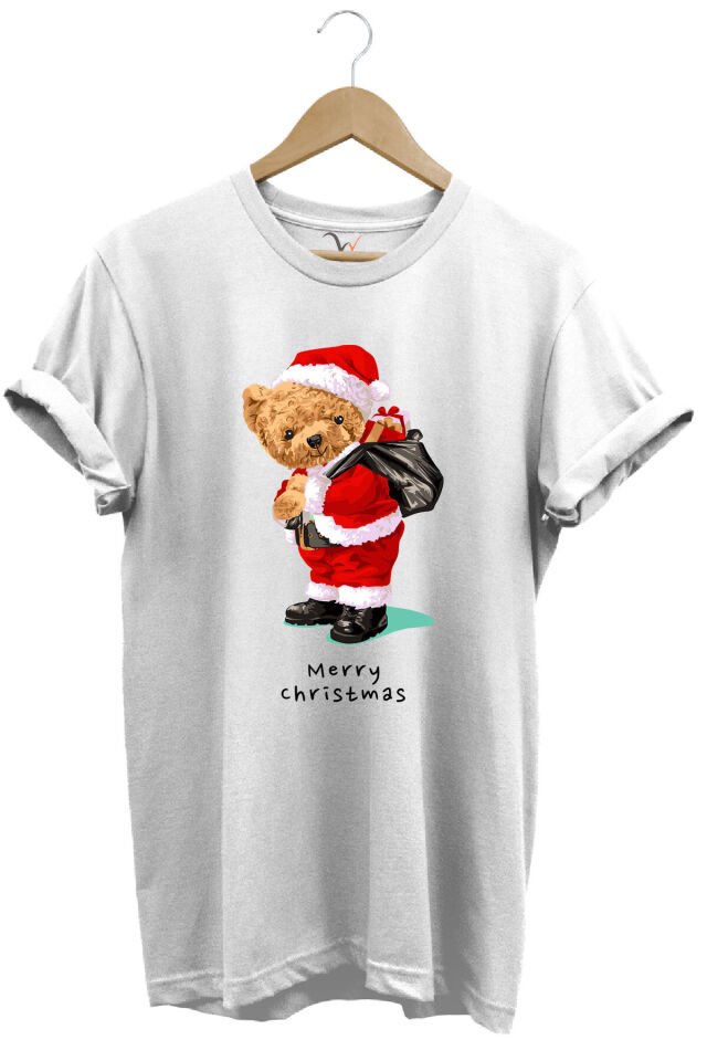 Yılbaşı Yeni Yıl Merry Christmas Sevimli Ayıcık Baskılı %100 Pamuk Regular Fit T-shirt Beyaz - 3XL