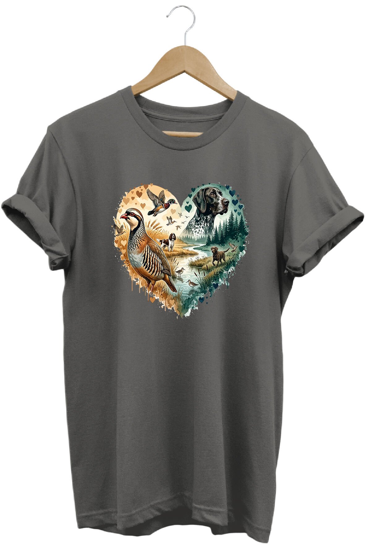 Unisex Çulluk ve Arazi Köpeği Baskılı Doğa Tişörtü Outdoor Kamp Giyimi Gri Melanj - S
