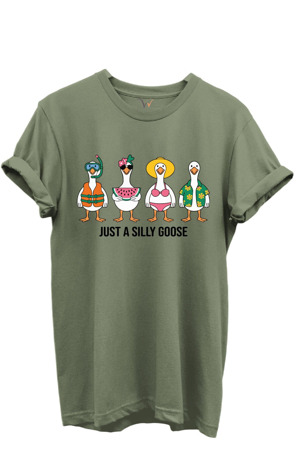 Just a Silly Goose Yazılı Eğlenceli Kaz Karakterleri Baskılı %100 Pamuk Regular Fit Unisex T-Shirt Haki - M