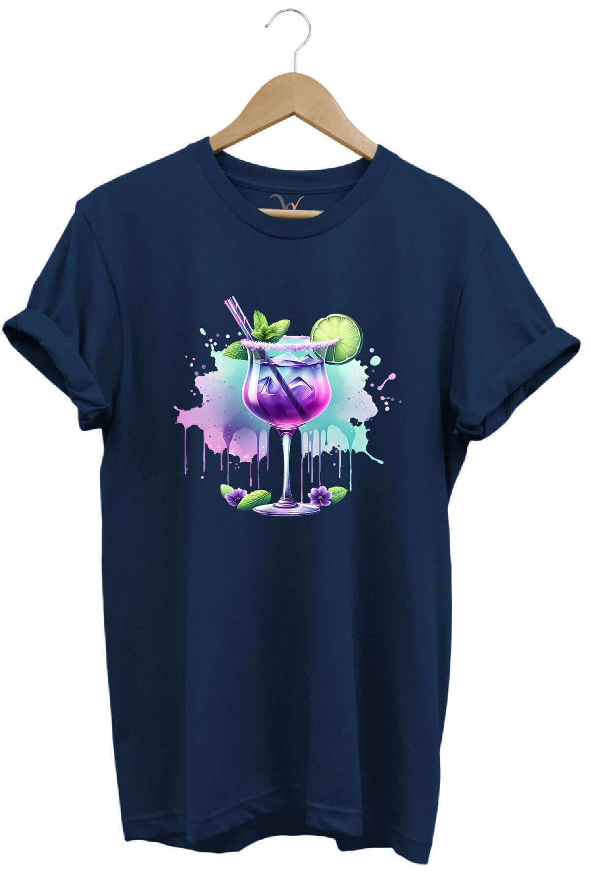 Tropik Kokteyl Temalı Renkli Yaz Baskılı %100 Pamuk Unisex Regular Fit T-Shirt Lacivert - M