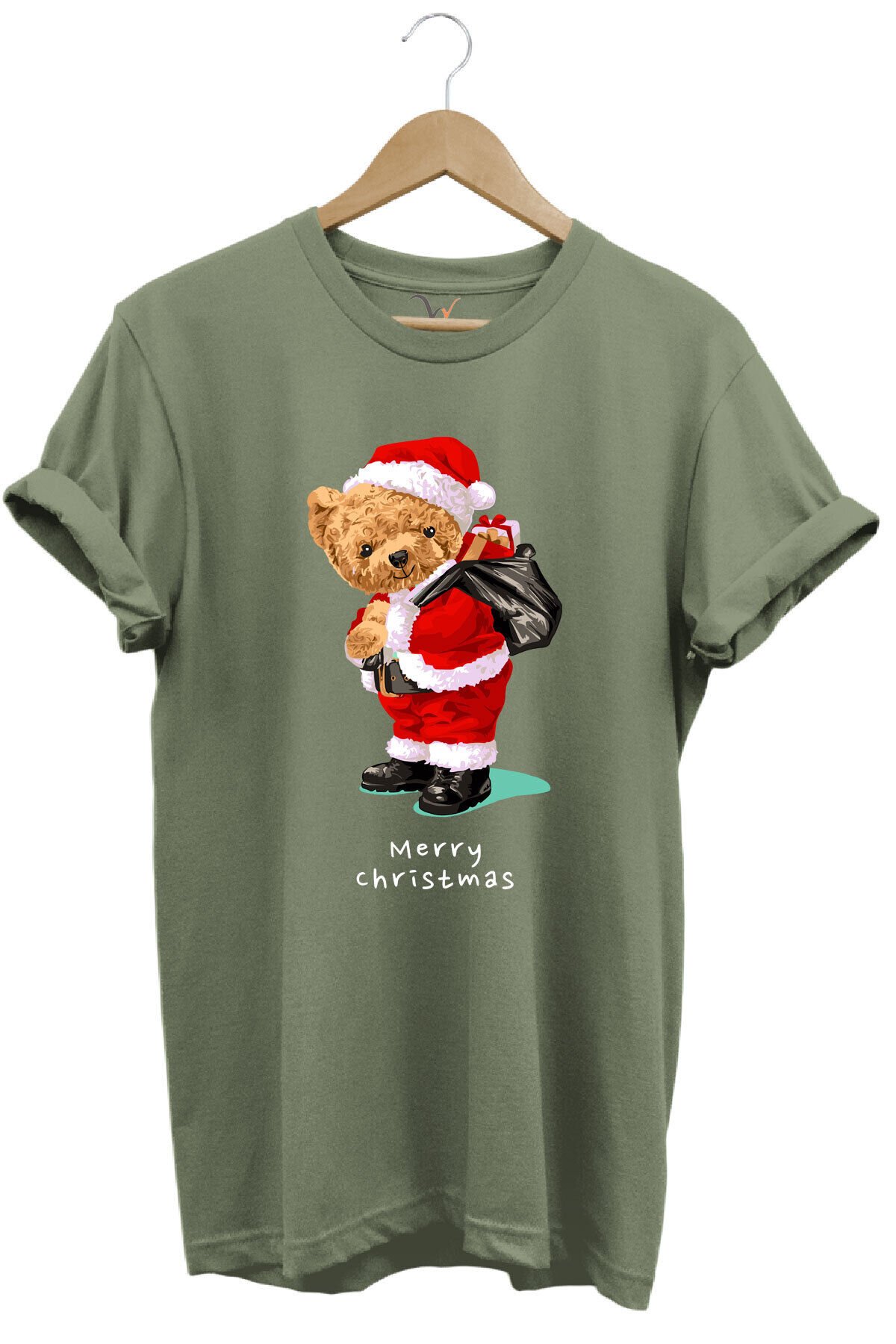Yılbaşı Yeni Yıl Merry Christmas Sevimli Ayıcık Baskılı %100 Pamuk Regular Fit T-shirt Haki - 3XL