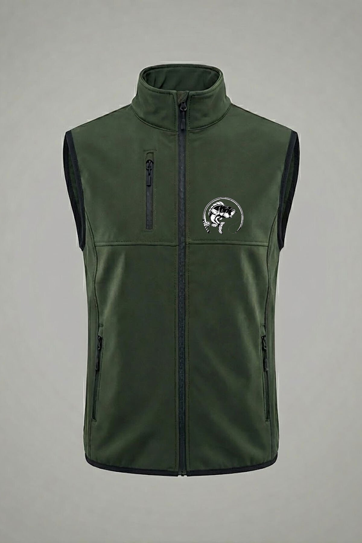 Avcılık Balık ve Olta Baskılı Su ve Rüzgar Geçirmez Erkek Softshell Outdoor Haki Yelek Haki - 2XL
