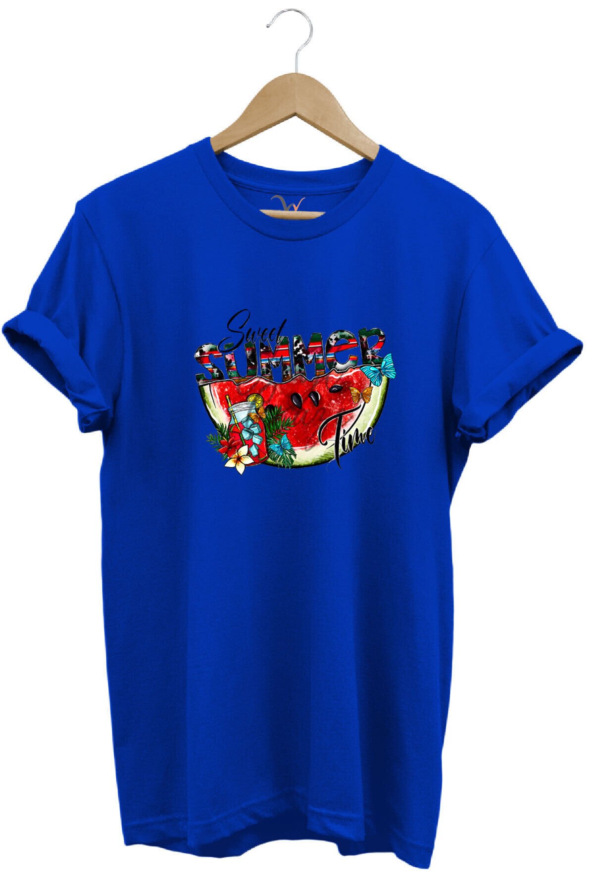 Summer Yazlık Karpuz Tasarım Baskılı %100 Pamuk Regular Fit Kahverengi T-shirt Mavi - XL