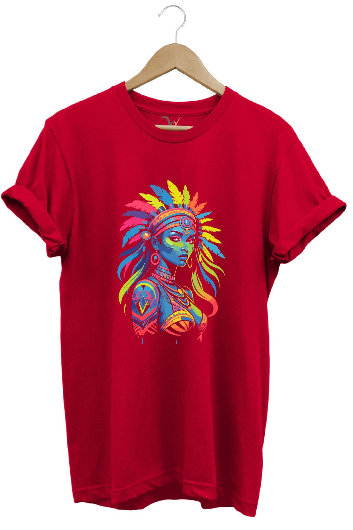 Renkli Kızılderili Baskılı %100 Pamuk Regular Fit Bisiklet Yaka Turuncu T-shirt Kırmızı - XL