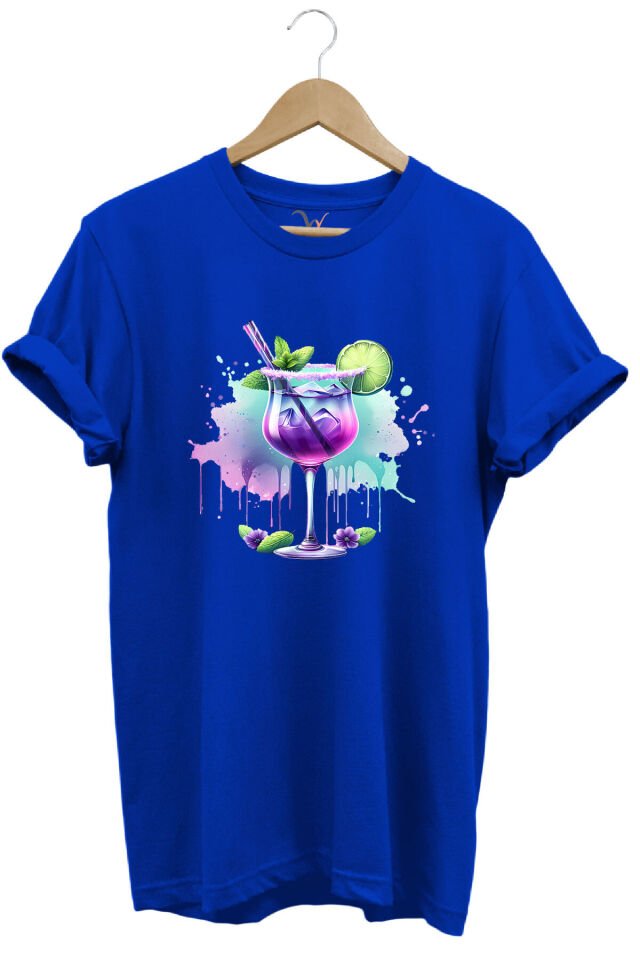 Tropik Kokteyl Temalı Renkli Yaz Baskılı %100 Pamuk Unisex Regular Fit T-Shirt Mavi - L