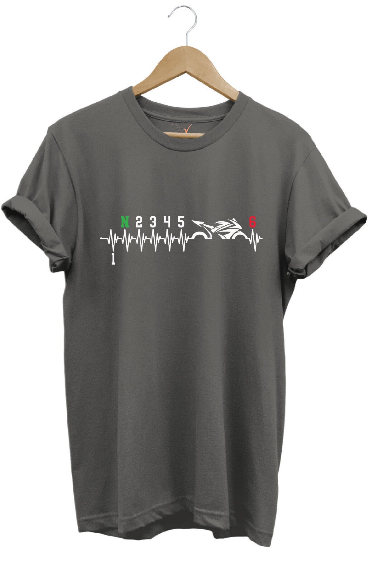 Motorcu Motorsiklet Kalp Ritmi Baskılı 1n23456 Regular Fit %100 Pamuk Kırmızı T-shirt Antrasit - 3XL