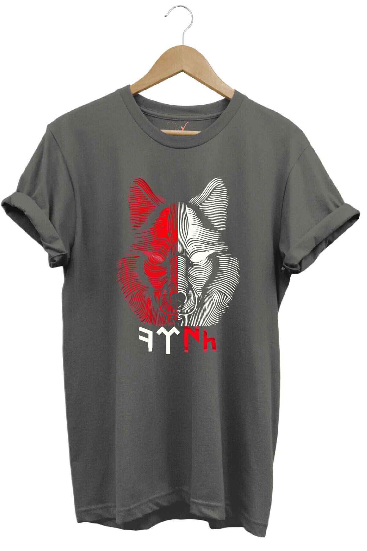 TÜRKİYE Bozkurt Göktürkçe TÜRK Yazısı ve Kurt Baskılı Kırmızı Beyaz %100 Pamuk Regular Fit T-shirt Gri - 3XL