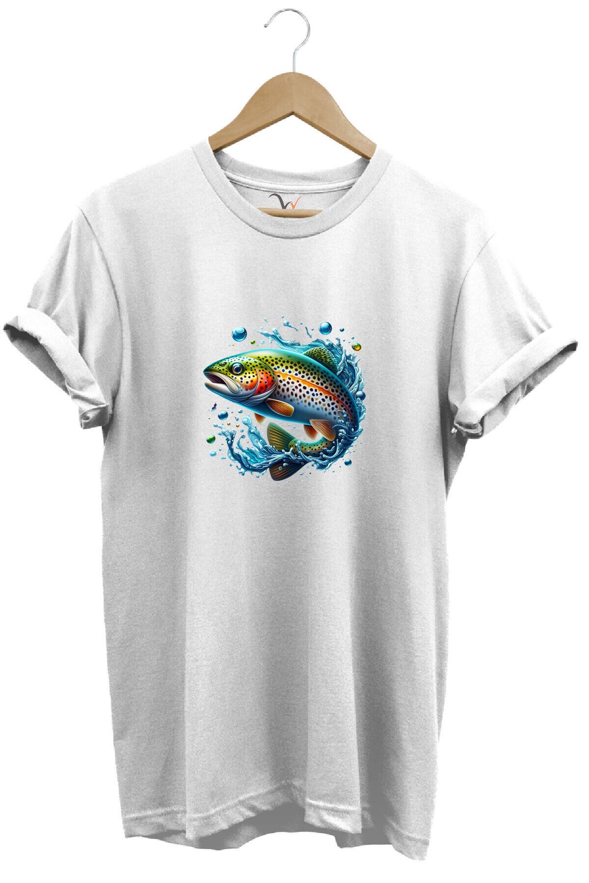 Fishing Avcılık Alabalık Balıkçılığı Baskılı %100 Pamuk Regular Fit Bisiklet Yaka Mavi T-shirt Beyaz - L