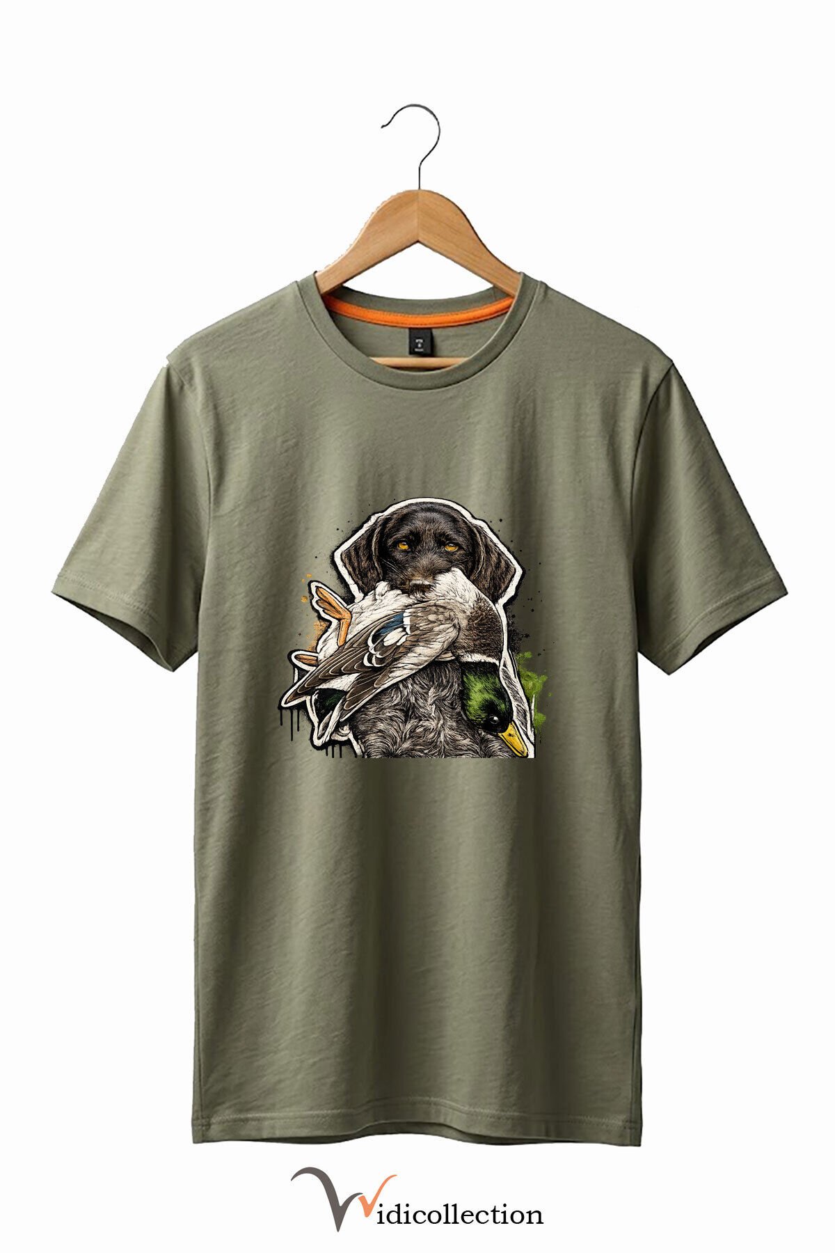Unisex Avcı Köpeği ve Ördek Baskılı Ördek Avı Doğa ve Yaban Hayatı Outdoor %100 Pamuk Basic T-Shirt Haki - 2XL