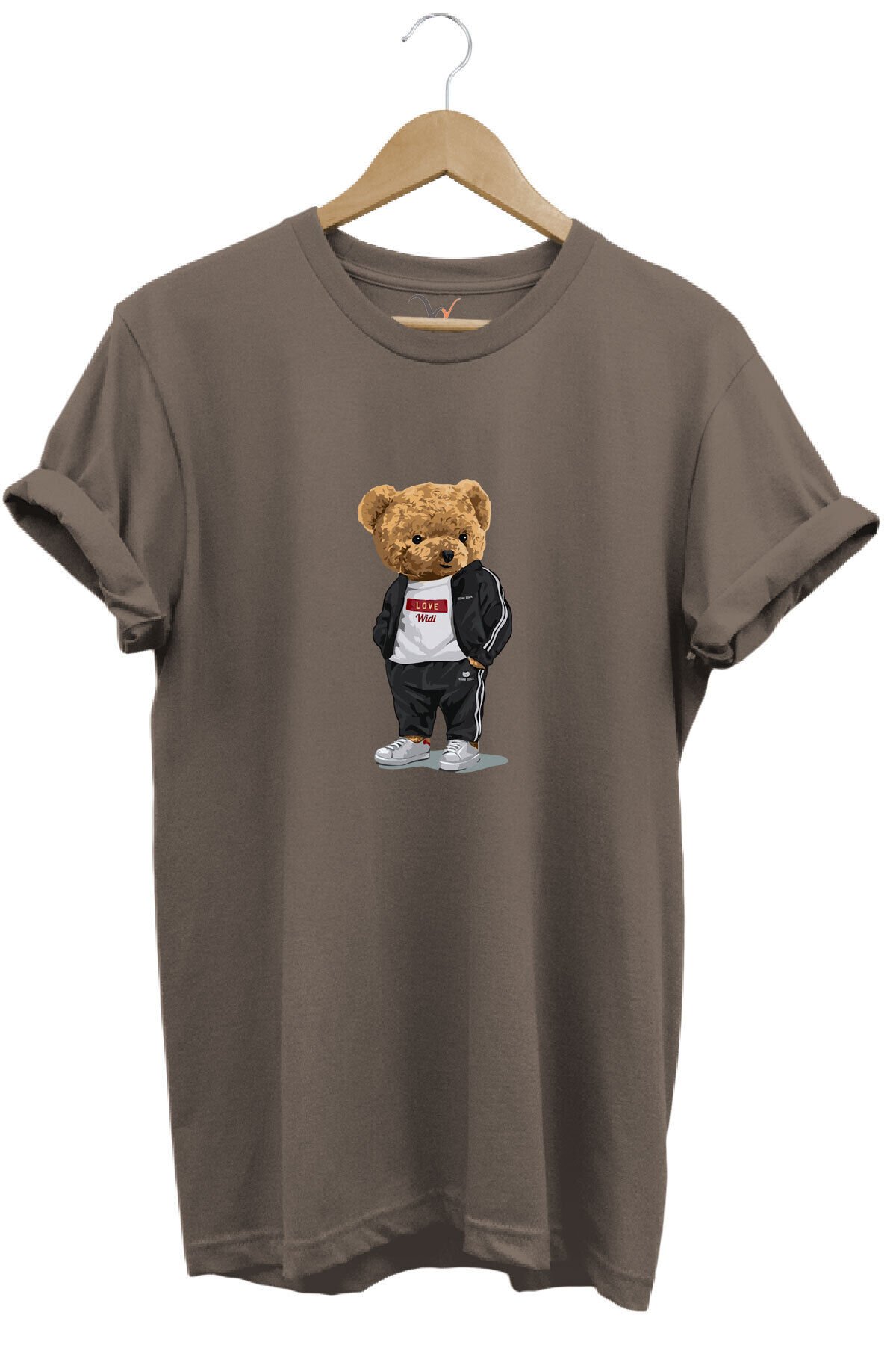 Sevimli Ayıcık Baskılı Love Tasarımlı %100 Pamuk Regular Fit Bisiklet Yaka Unisex T-shirt Kahverengi - M