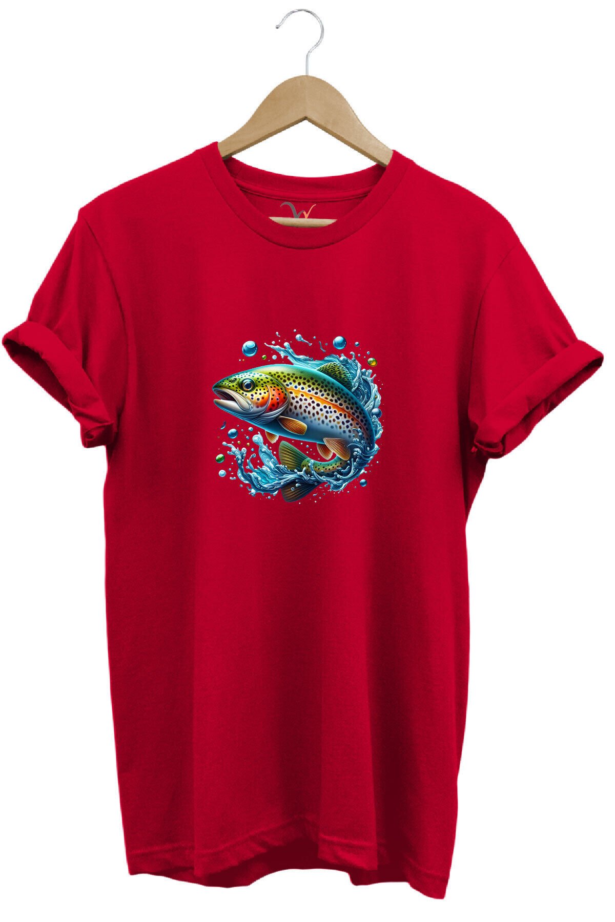 Fishing Avcılık Alabalık Balıkçılığı Baskılı %100 Pamuk Regular Fit Bisiklet Yaka Mavi T-shirt Kırmızı - 3XL