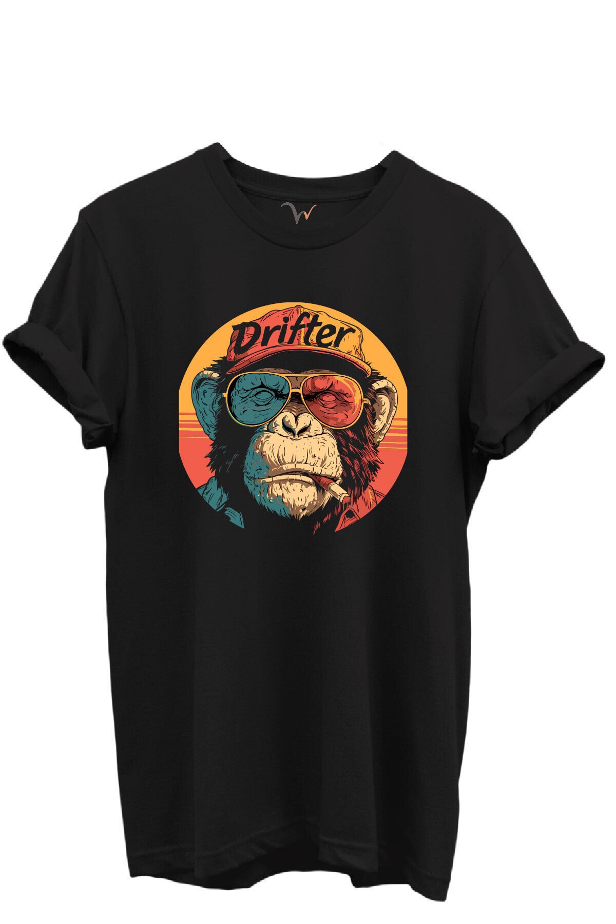 Drifter Yazılı Renkli Gözlüklü Maymun Baskılı %100 Pamuk Siyah Regular Fit Unisex T-Shirt Siyah - S