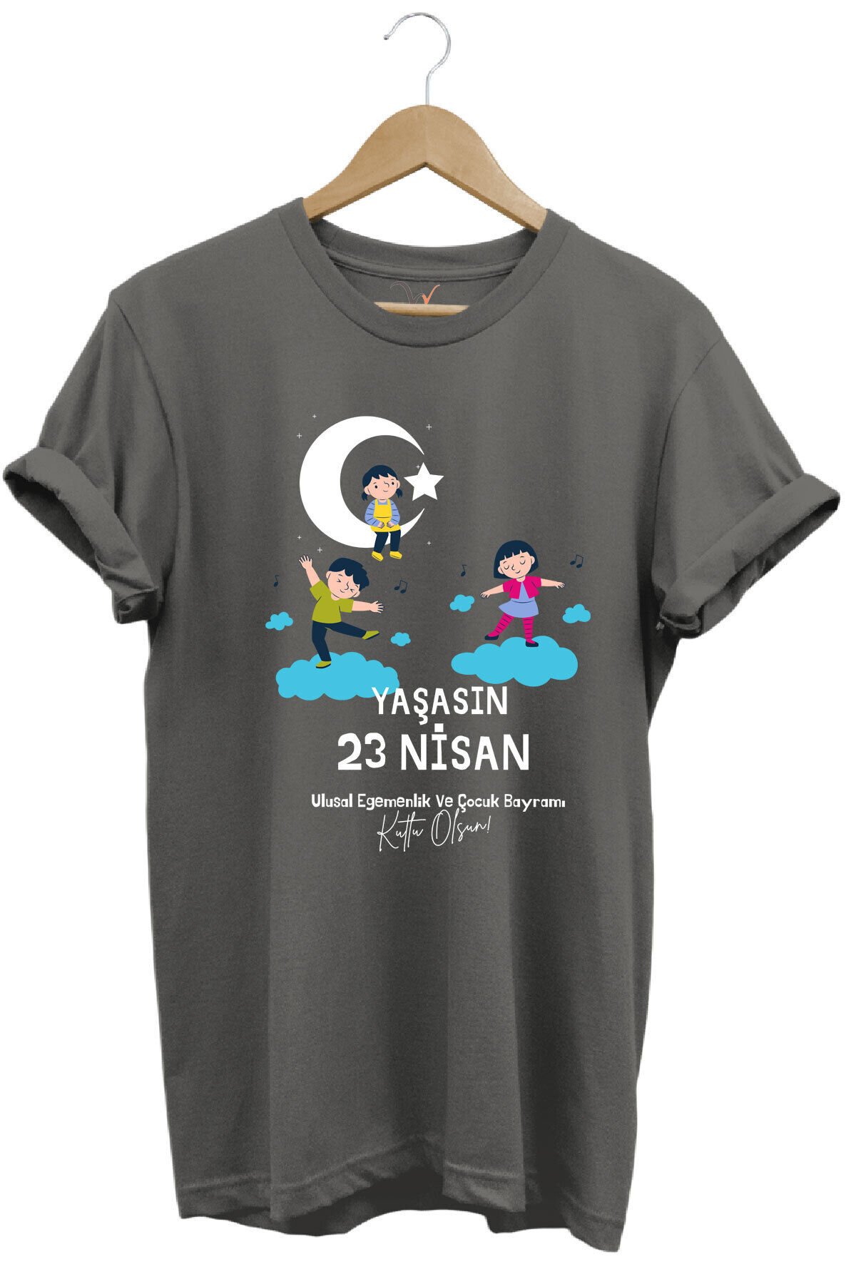 23 Nisan Çocuk Bayramı Baskılı %100 Pamuk Regular Fit Bisiklet Yaka Premium Kırmızı T-shirt Gri - L