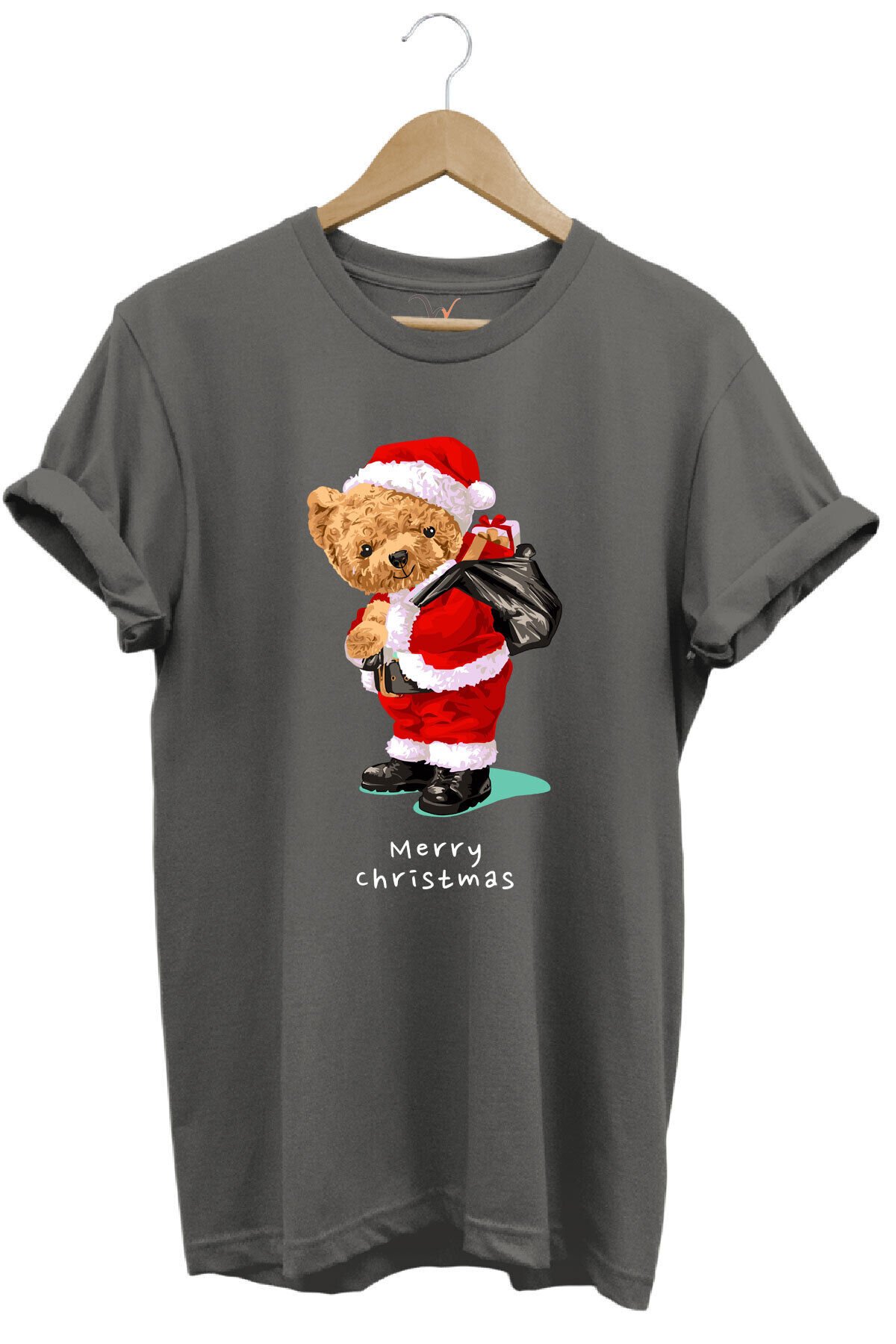 Yılbaşı Yeni Yıl Merry Christmas Sevimli Ayıcık Baskılı %100 Pamuk Regular Fit T-shirt Gri - 3XL
