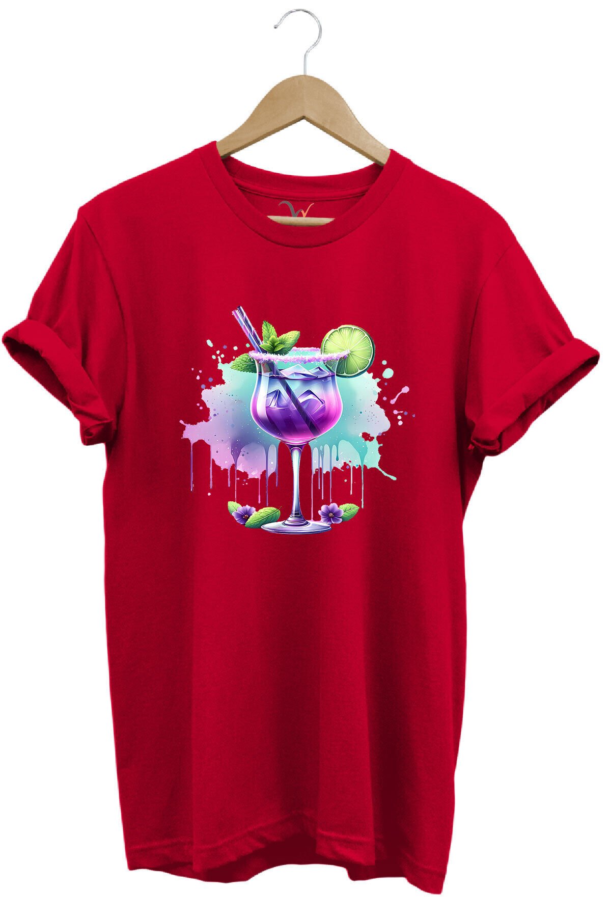 Tropik Kokteyl Temalı Renkli Yaz Baskılı %100 Pamuk Unisex Regular Fit T-Shirt Kırmızı - S