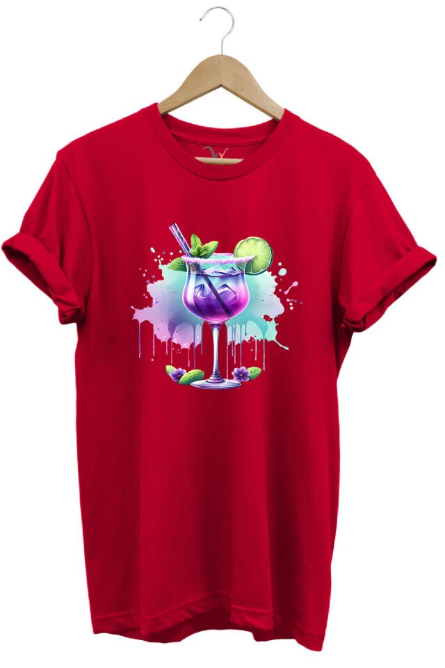 Tropik Kokteyl Temalı Renkli Yaz Baskılı %100 Pamuk Unisex Regular Fit T-Shirt Kırmızı - S