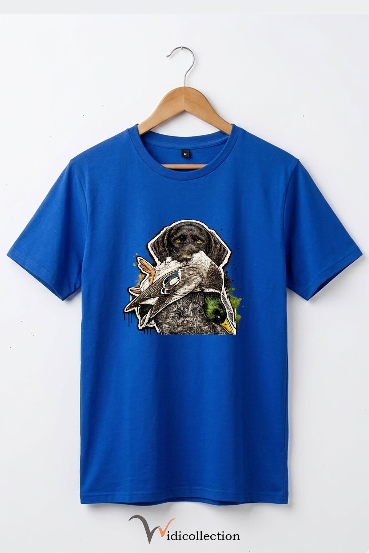 Unisex Avcı Köpeği ve Ördek Baskılı Ördek Avı Doğa ve Yaban Hayatı Outdoor %100 Pamuk Basic T-Shirt Mavi - XL