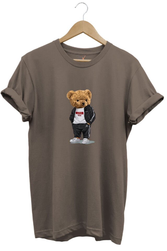 Sevimli Ayıcık Baskılı Love Tasarımlı %100 Pamuk Regular Fit Bisiklet Yaka Unisex T-shirt Kahverengi - XL