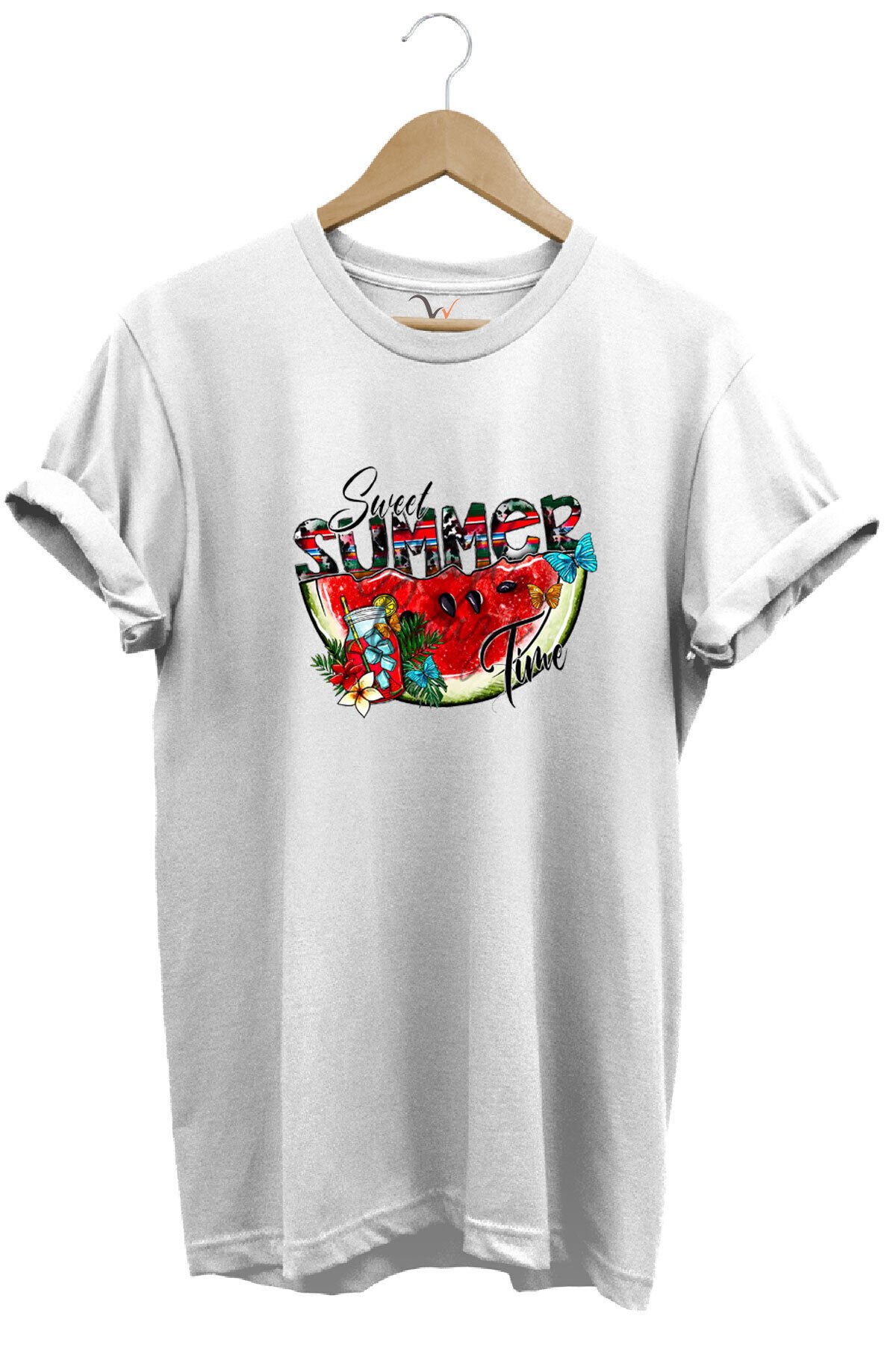 Summer Yazlık Karpuz Tasarım Baskılı %100 Pamuk Regular Fit Kahverengi T-shirt Beyaz - S