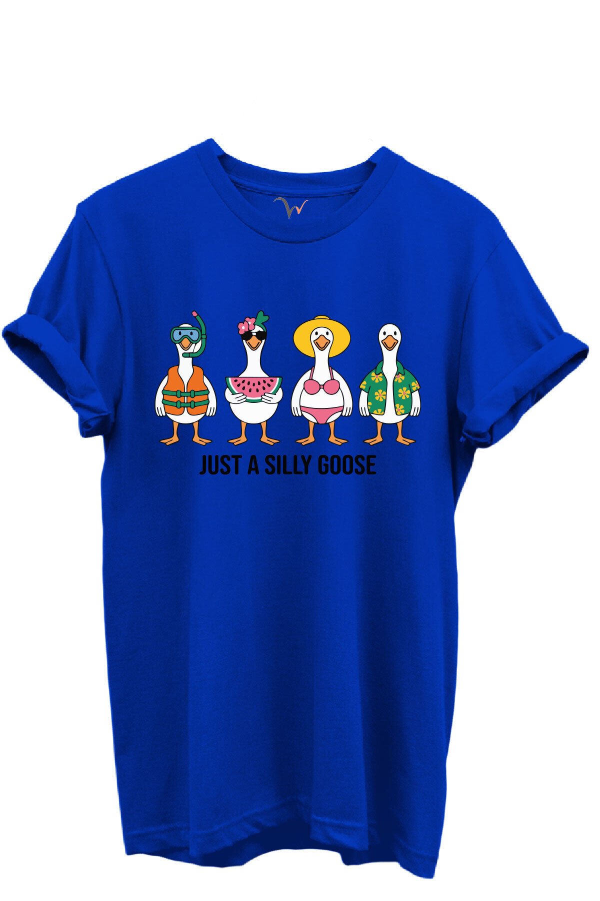 Just a Silly Goose Yazılı Eğlenceli Kaz Karakterleri Baskılı %100 Pamuk Regular Fit Unisex T-Shirt Mavi - S