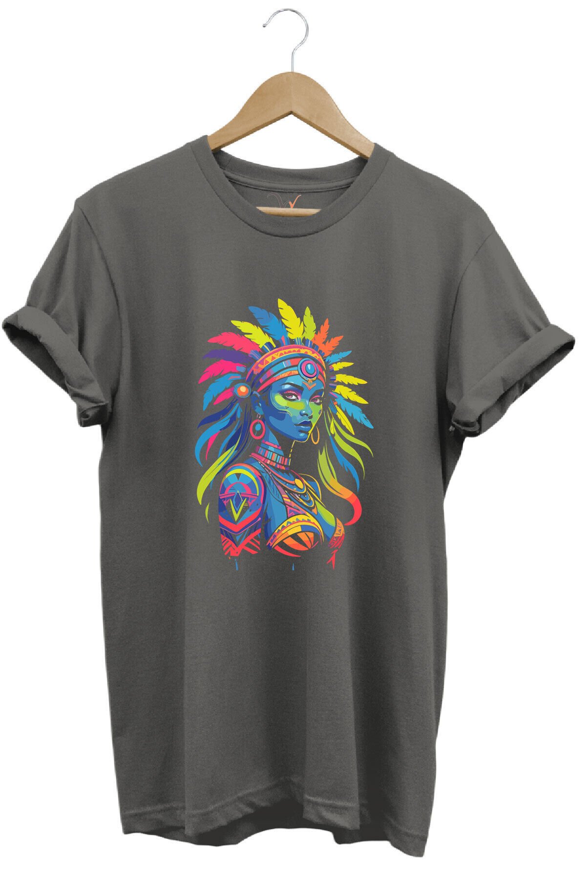 Renkli Kızılderili Baskılı %100 Pamuk Regular Fit Bisiklet Yaka Turuncu T-shirt Gri - L