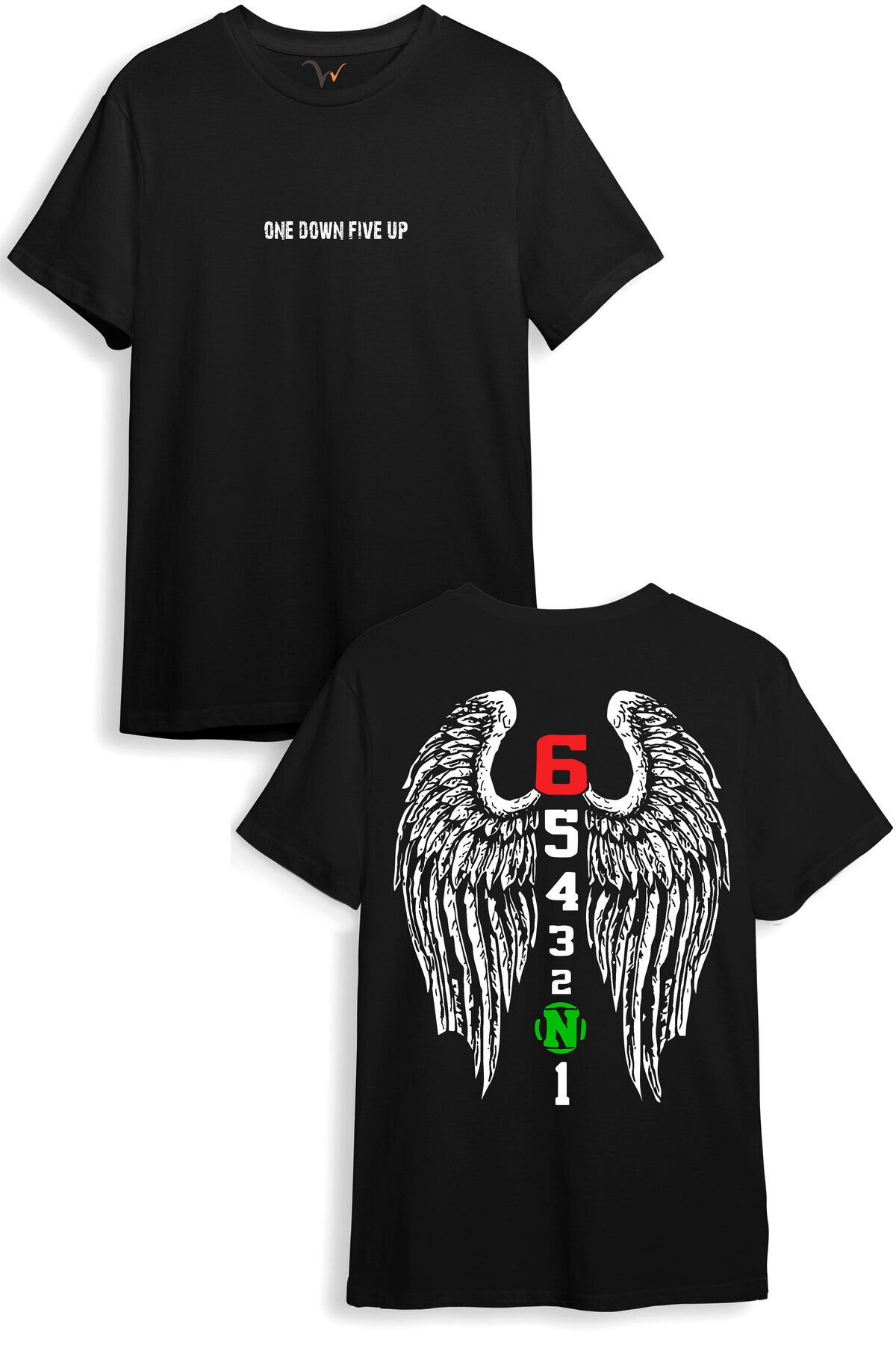 Motorcu Motorsiklet Tasarım Baskılı Sırt Kanat Detaylı One Down Five Up 1N23456 Regular Fit T-Shirt Siyah - 3XL