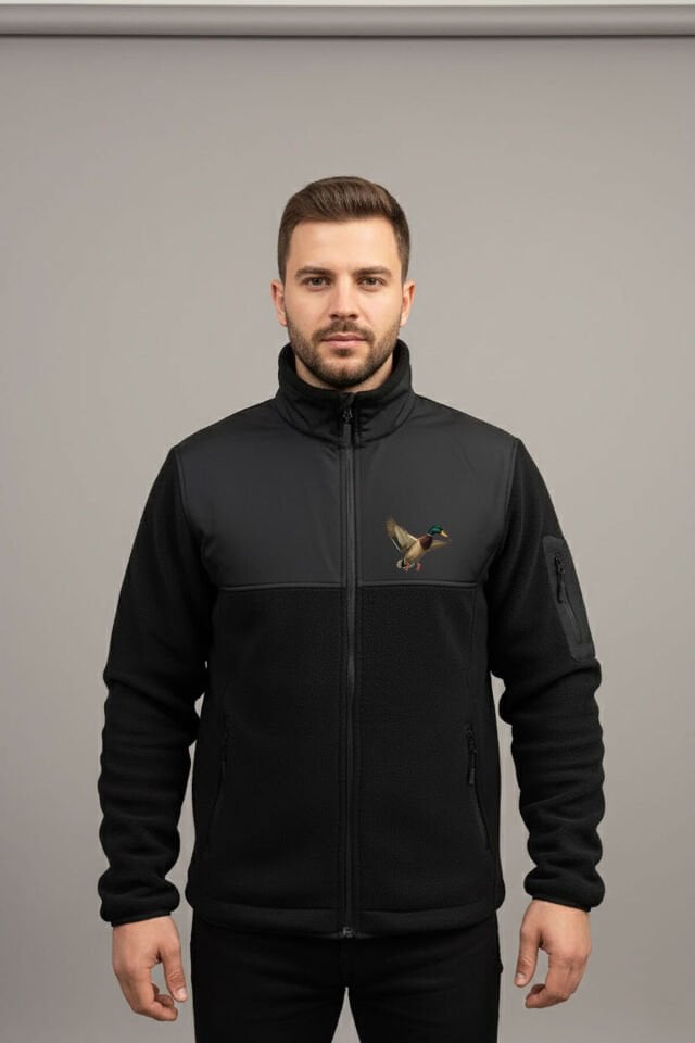 Avcılık Yeşilbaş Ördek Baskılı Dik Yaka Garnili Siyah Softshell Polar Ceket