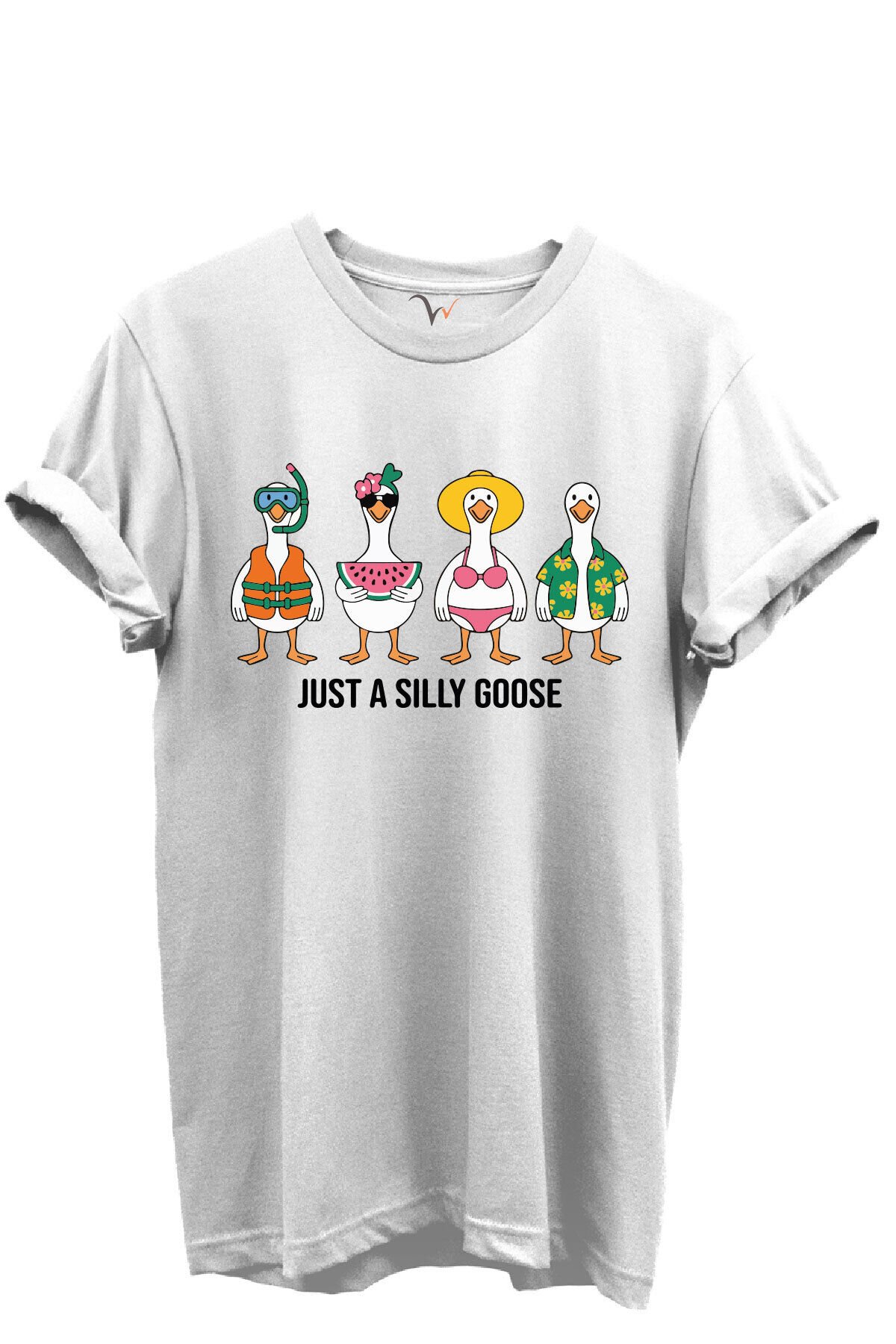 Just a Silly Goose Yazılı Eğlenceli Kaz Karakterleri Baskılı %100 Pamuk Regular Fit Unisex T-Shirt Beyaz - M