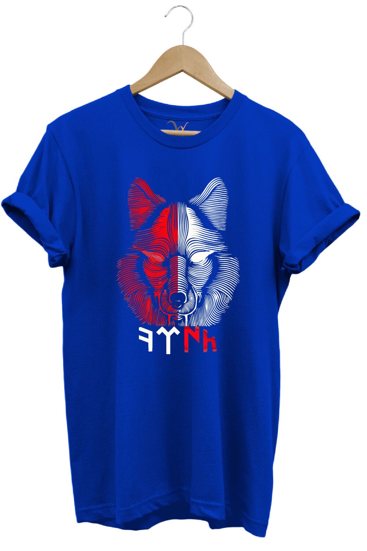 TÜRKİYE Bozkurt Göktürkçe TÜRK Yazısı ve Kurt Baskılı Kırmızı Beyaz %100 Pamuk Regular Fit T-shirt Mavi - XL