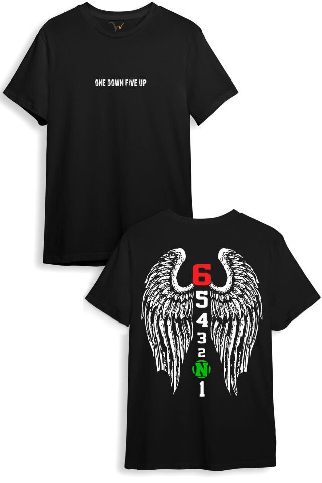 Motorcu Motorsiklet Tasarım Baskılı Sırt Kanat Detaylı One Down Five Up 1N23456 Regular Fit T-Shirt Siyah - S