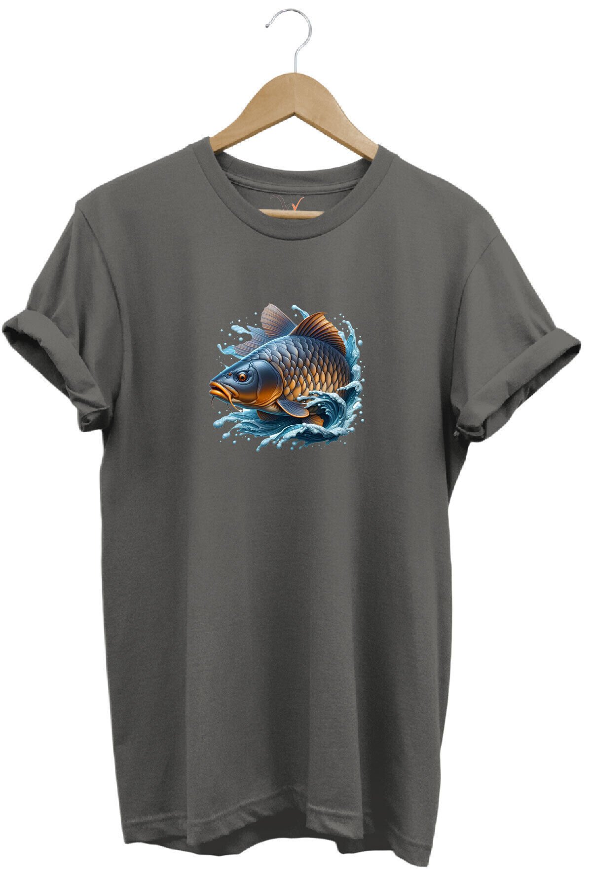 Balıkçı Fishing Sazan Avı Balıkçılığı Baskılı %100 Pamuk Regular Fit Bisiklet Yaka Gri T-shirt Gri - 3XL