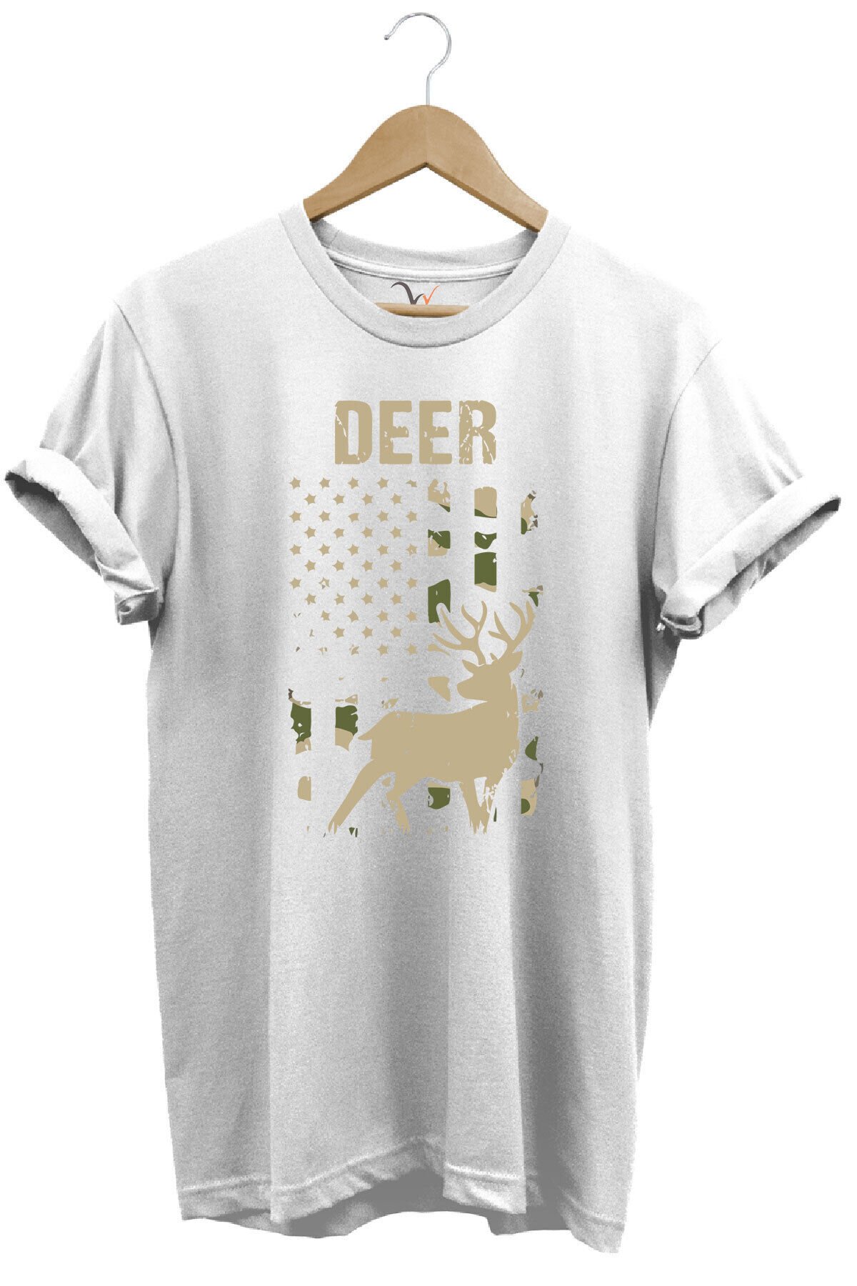 Avcılık Hunter Geyik Avcılığı Deer Hunt Baskılı Kamuflaj Desenli Regular Fit Haki T-shirt Beyaz - 3XL