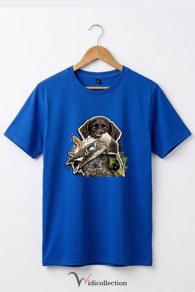 Unisex Avcı Köpeği ve Ördek Baskılı Ördek Avı Doğa ve Yaban Hayatı Outdoor %100 Pamuk Basic T-Shirt Mavi - S