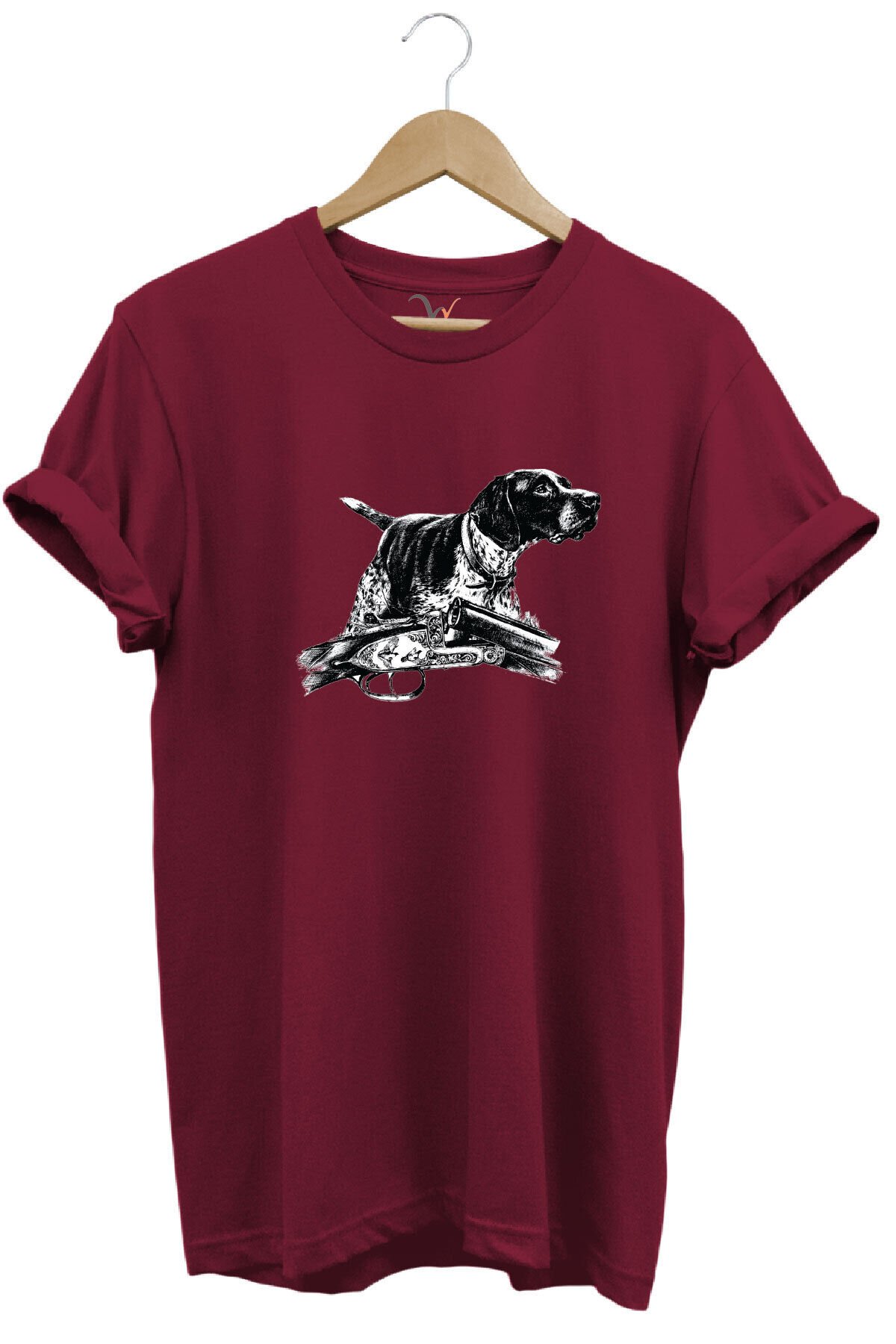 Outdoor Avcılık Kurzhaar Köpeği Baskılı %100 Pamuk Regular Fit Bisiklet Yaka T-shirt Bordo - 3XL