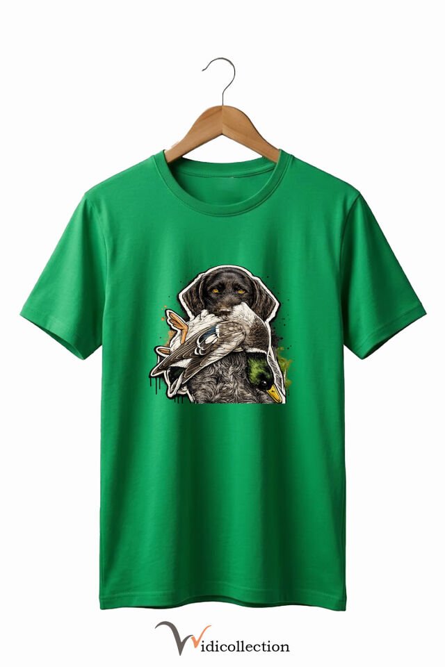 Unisex Avcı Köpeği ve Ördek Baskılı Ördek Avı Doğa ve Yaban Hayatı Outdoor %100 Pamuk Basic T-Shirt Yeşil - XL