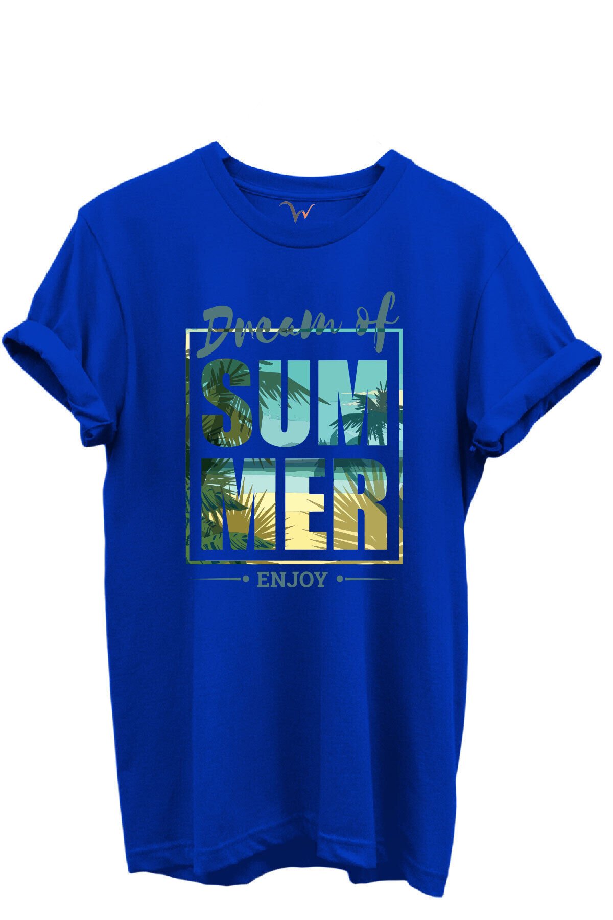 Dream of Summer Yazılı Palmiye ve Sahil Temalı %100 Pamuk Regular Fit Unisex T-Shirt Mavi - 2XL