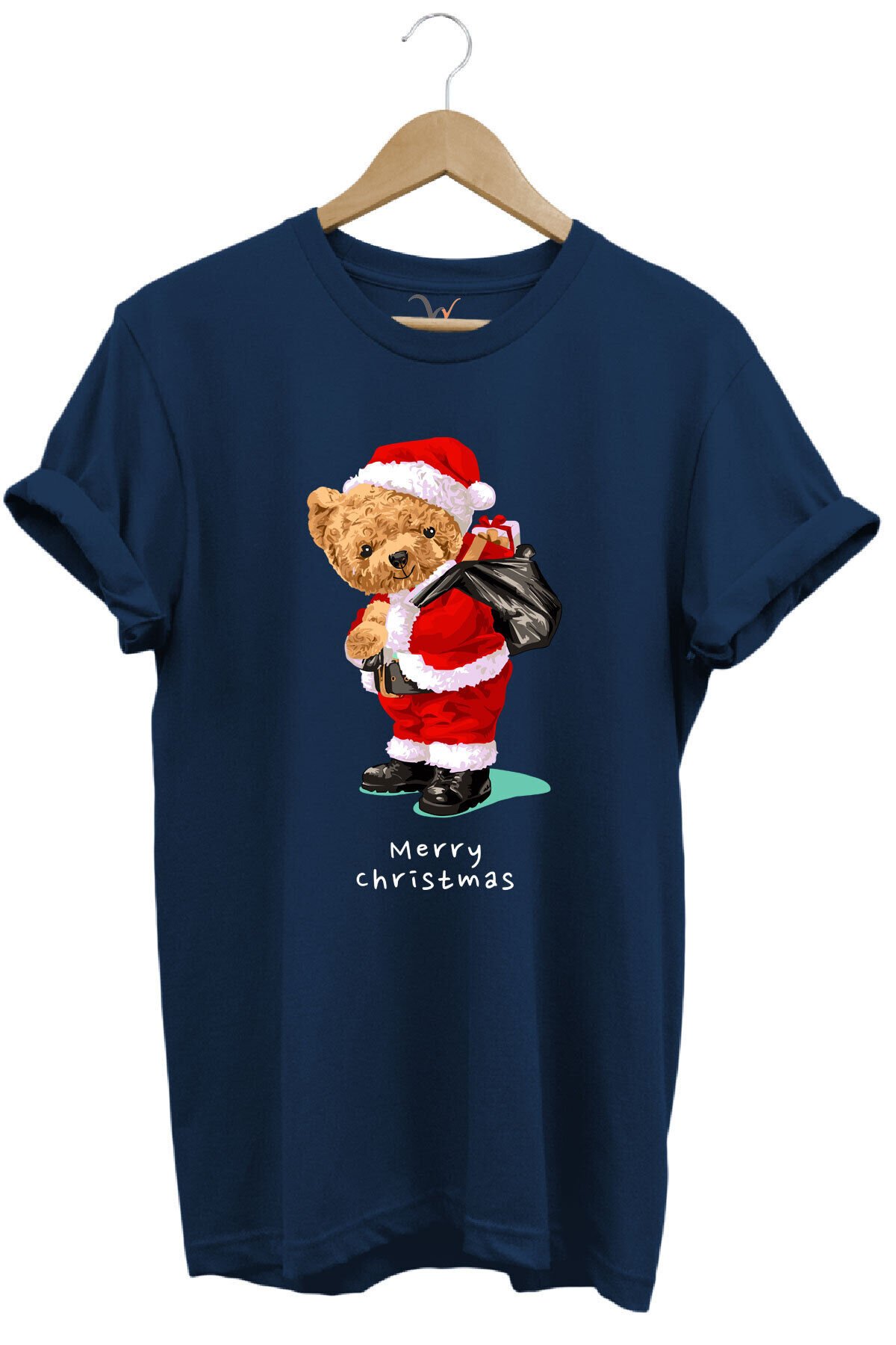 Yılbaşı Yeni Yıl Merry Christmas Sevimli Ayıcık Baskılı %100 Pamuk Regular Fit T-shirt Lacivert - L
