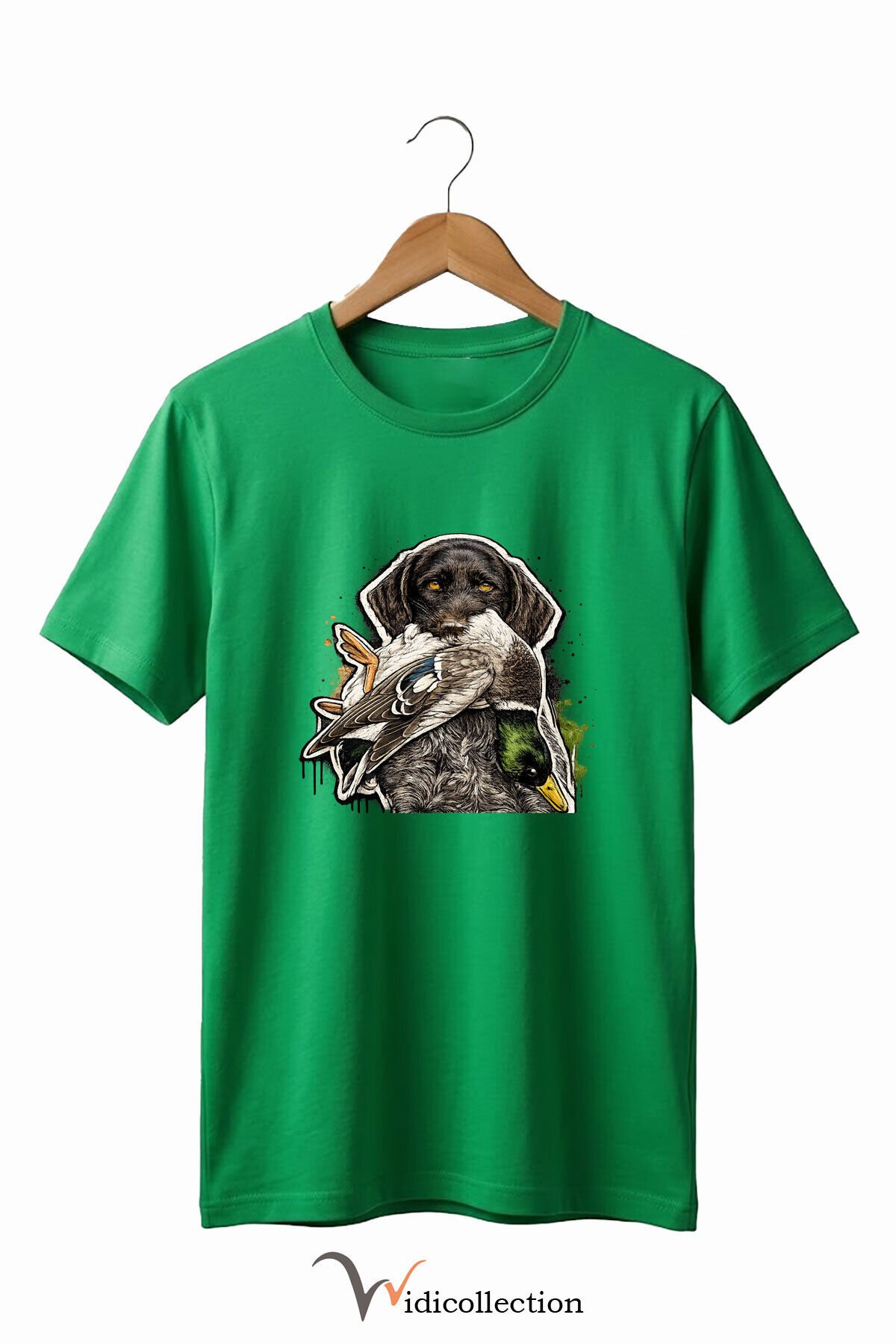 Unisex Avcı Köpeği ve Ördek Baskılı Ördek Avı Doğa ve Yaban Hayatı Outdoor %100 Pamuk Basic T-Shirt Yeşil - M