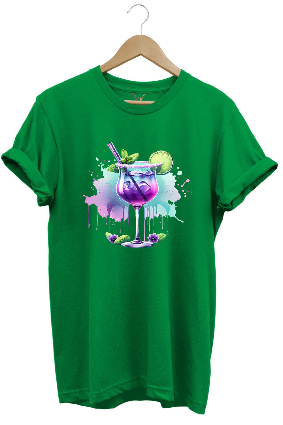 Tropik Kokteyl Temalı Renkli Yaz Baskılı %100 Pamuk Unisex Regular Fit T-Shirt Yeşil - XL