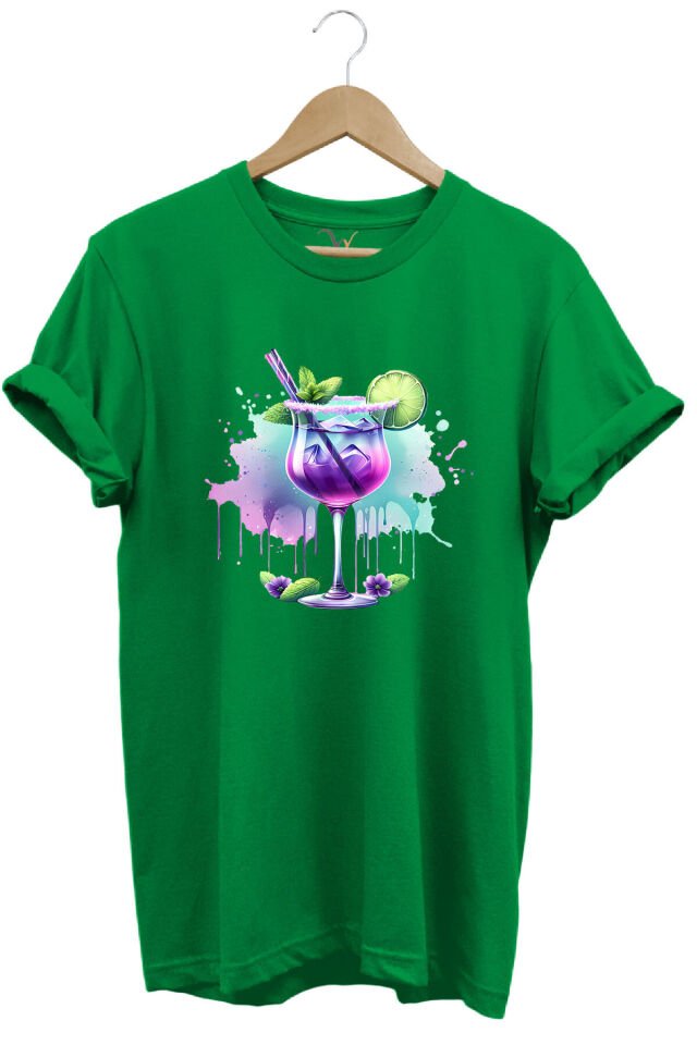 Tropik Kokteyl Temalı Renkli Yaz Baskılı %100 Pamuk Unisex Regular Fit T-Shirt Yeşil - XL