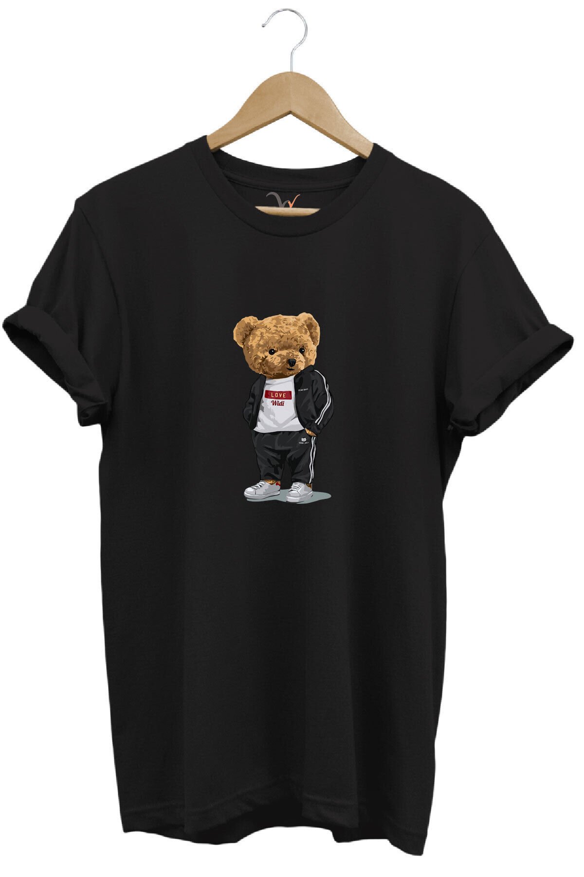 Sevimli Ayıcık Baskılı Love Tasarımlı %100 Pamuk Regular Fit Bisiklet Yaka Unisex T-shirt Siyah - M